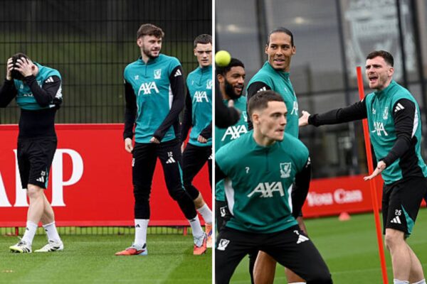 시청하세요: 앤디 로버트슨, 각포 및 비르츠와의 강도 높은 훈련 세션 중 격렬하게 폭발