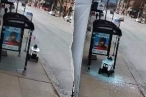 Delivery robots shatter Chicago bus shelter glass in separate incidents, including one caught on camera